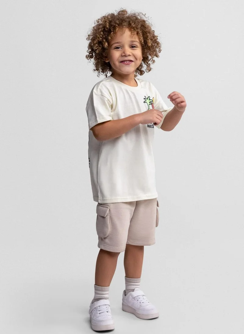 MINOTI Boys two-piece combat shorts and t-shirt white beige